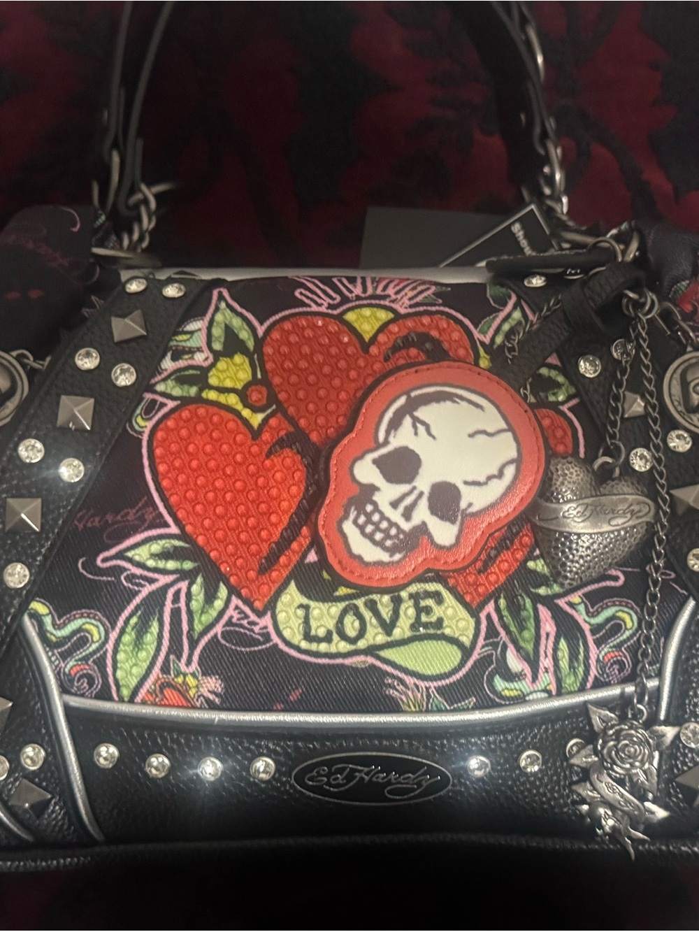 Ed Hardy Black Shoulder Bag with Red Heart & Skull Graphic